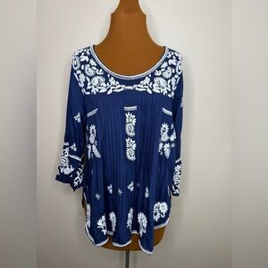 Lula Soul Navy Blue Embroidered Blouse Long Sleeve Size Small